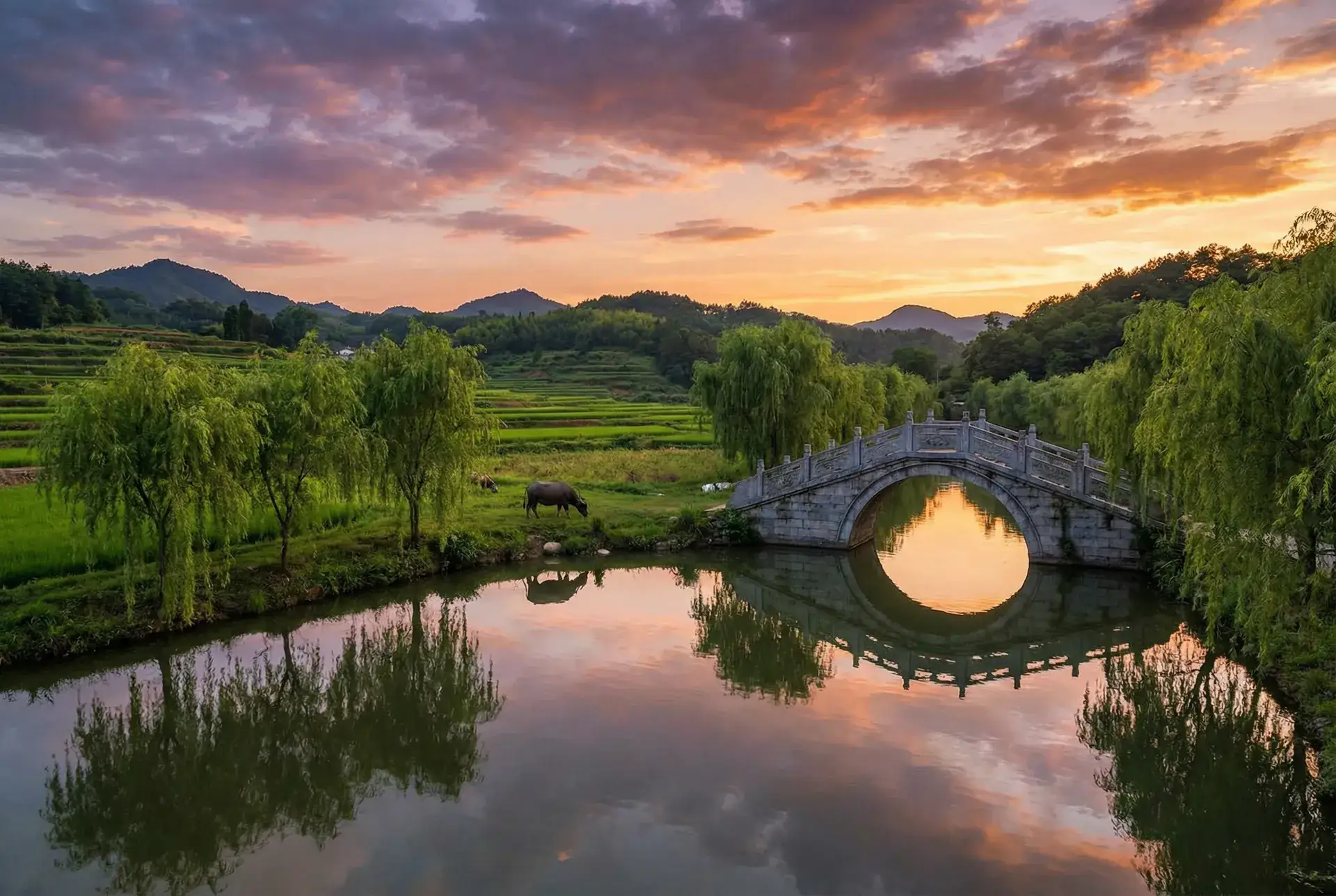 夕阳下的石拱桥与垂柳，水牛在河边吃草 - sm交友 乡村美景